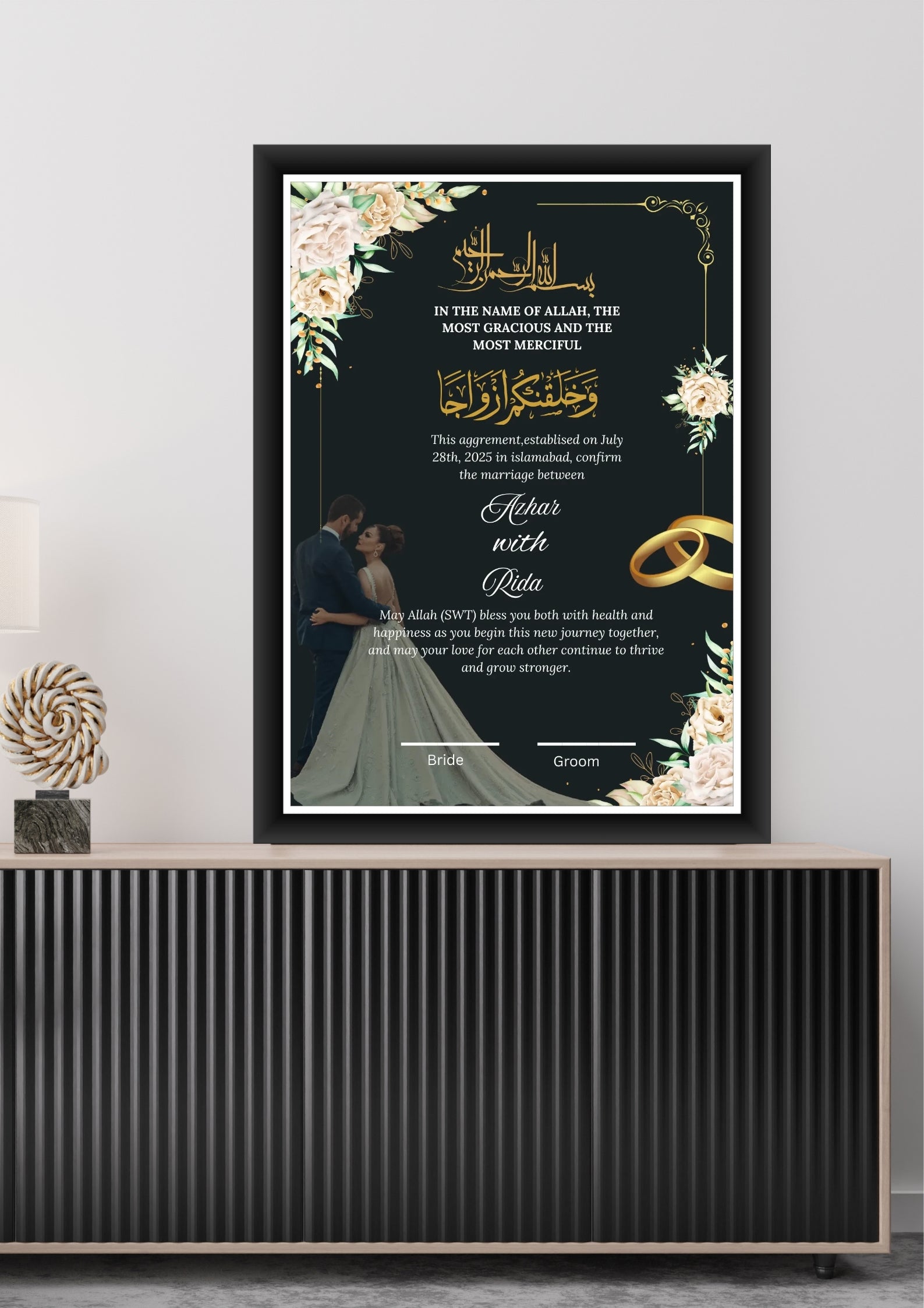 Customized Nikah Certificate for Couple With Frame