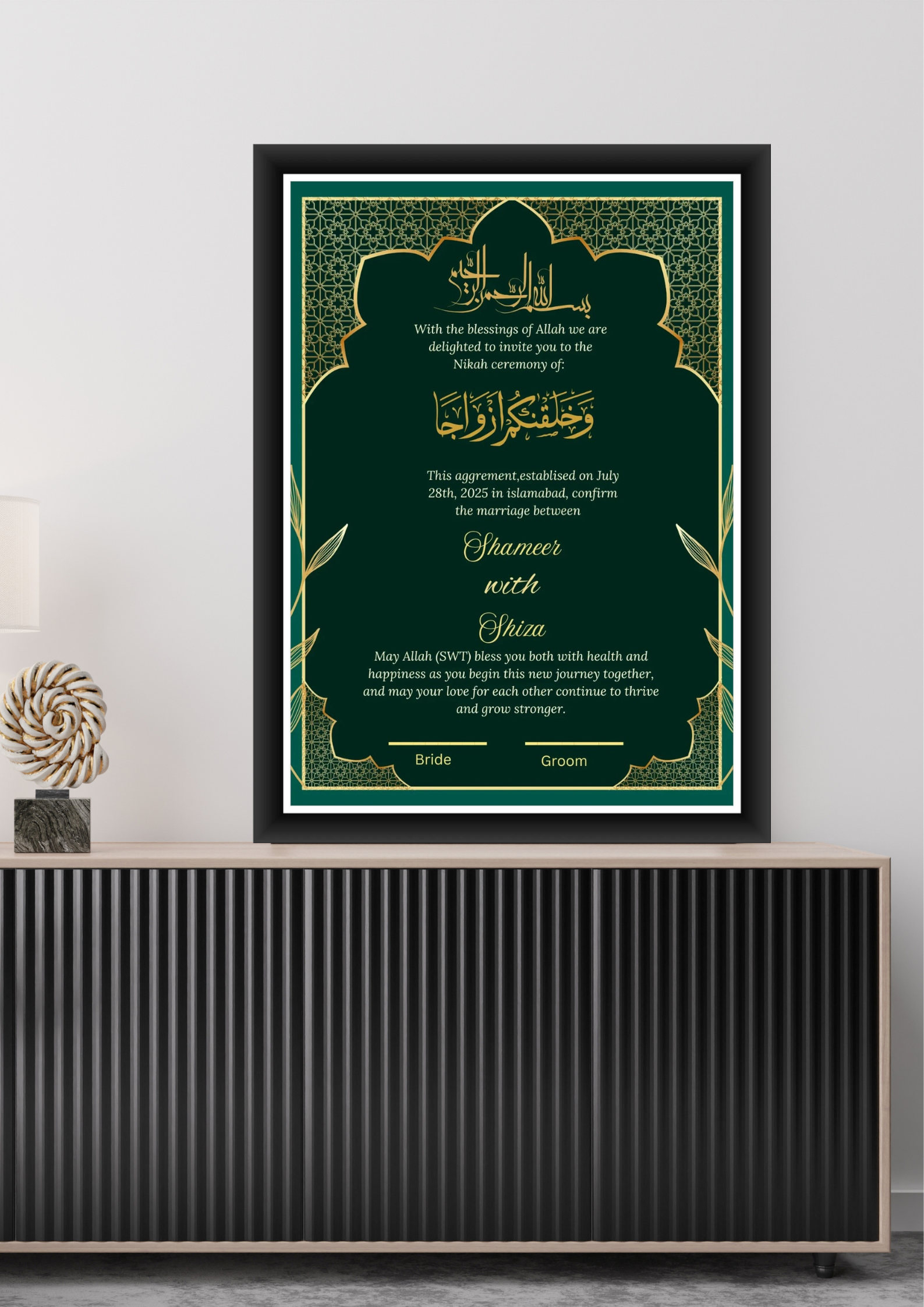 Customized Nikah Certificate for Couple With Frame