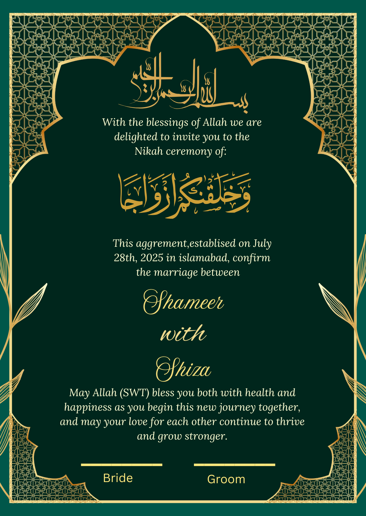 Customized Nikah Certificate for Couple With Frame