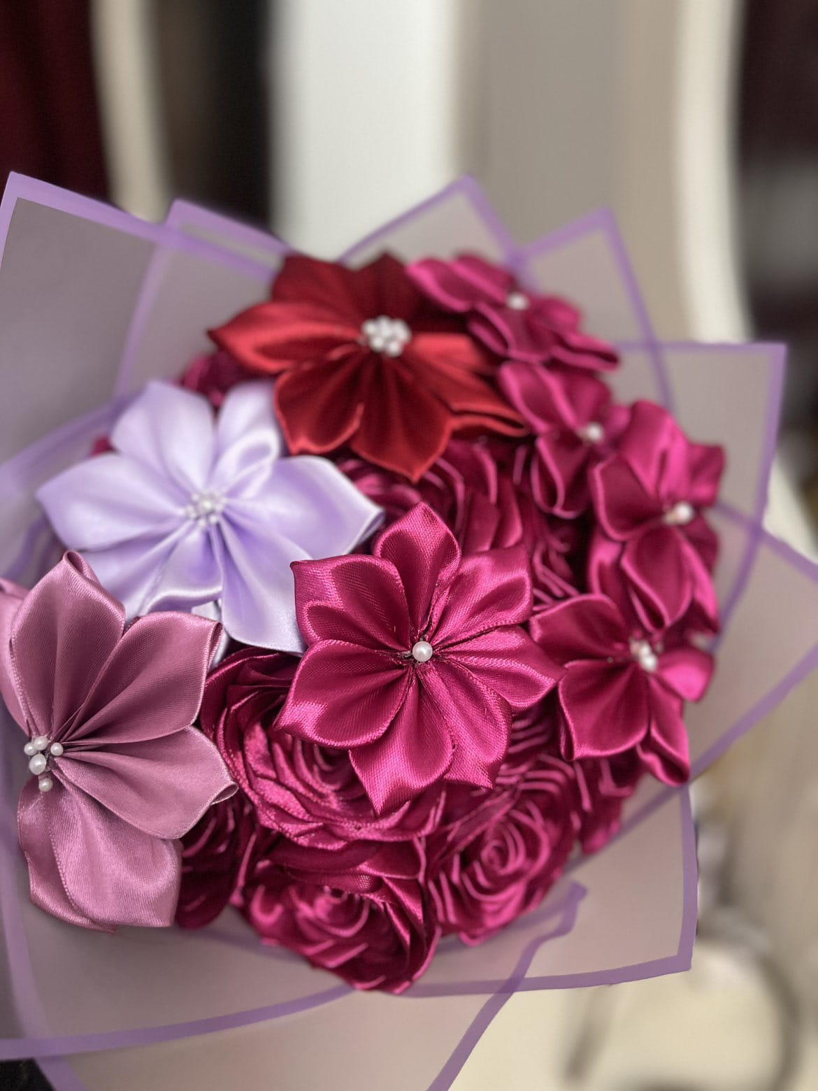 Pulmeria, Dahlia & Rose Ribbon Flower Bouquet - Siyyah
