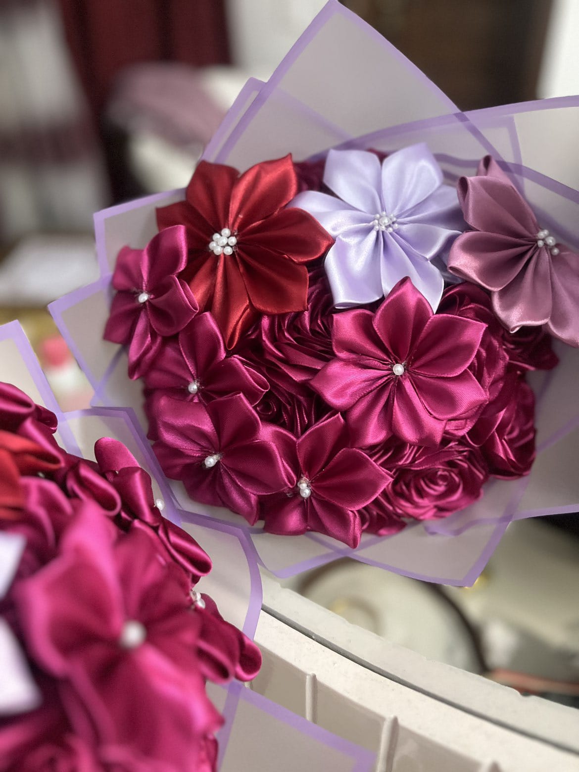 Pulmeria, Dahlia & Rose Ribbon Flower Bouquet - Siyyah