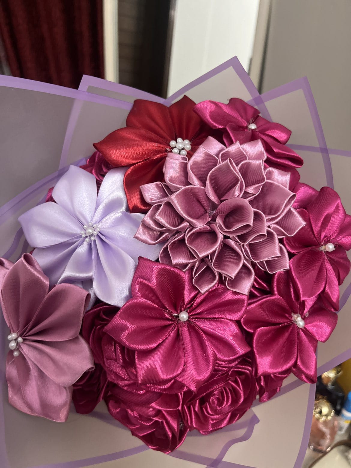 Pulmeria, Dahlia & Rose Ribbon Flower Bouquet - Siyyah