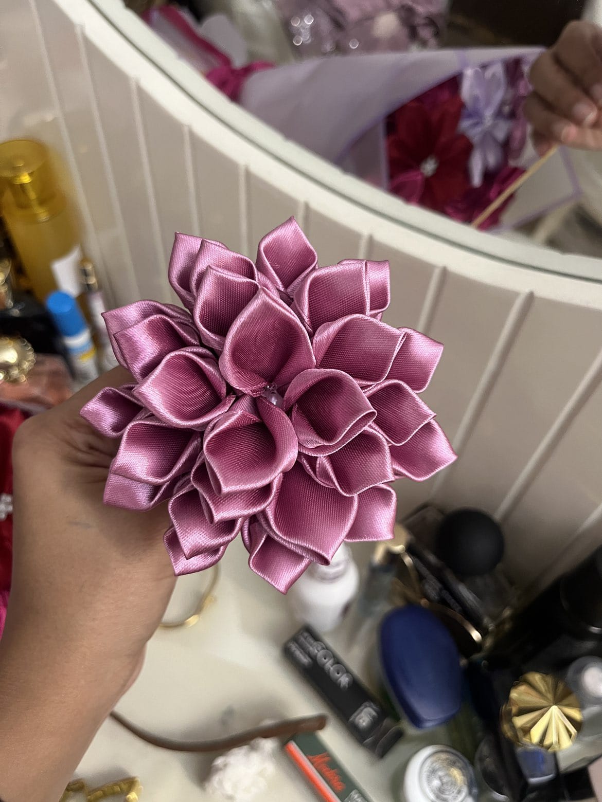 Pulmeria, Dahlia & Rose Ribbon Flower Bouquet - Siyyah